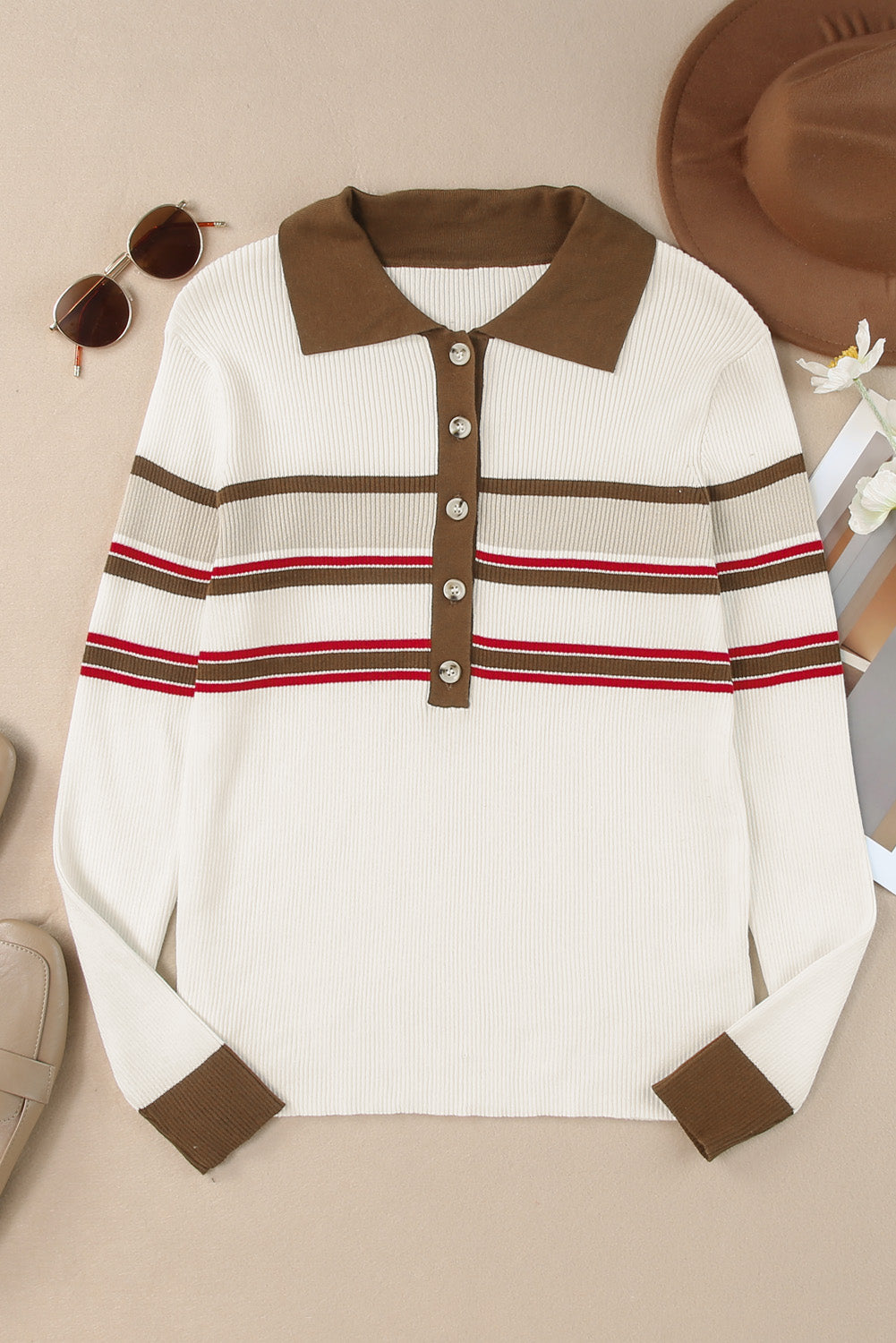 White Rib Knitted Stripe Detail Henley Sweater-yoyobikini