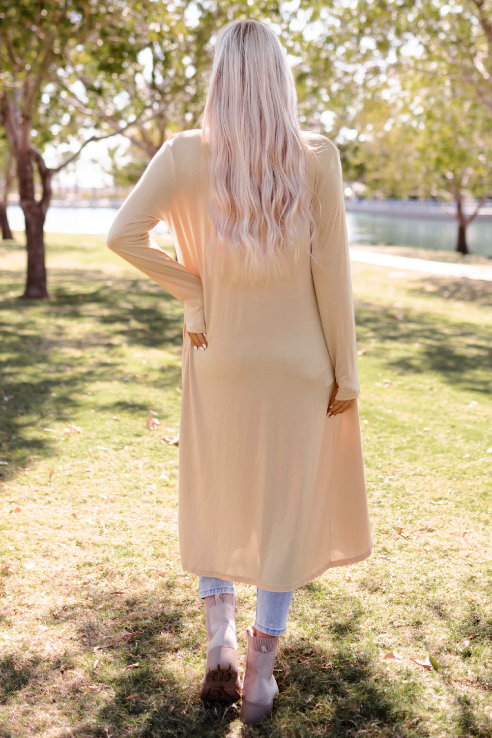 Apricot Long Sleeve Pockets High Low Open Front Cardigan-yoyobikini