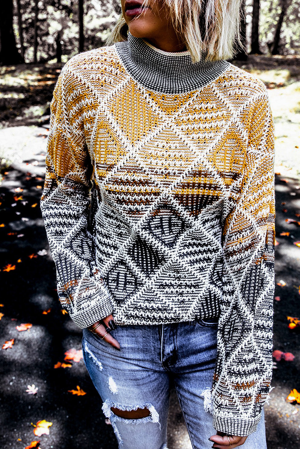 High Neck Geometric Colorblock Sweater-yoyobikini