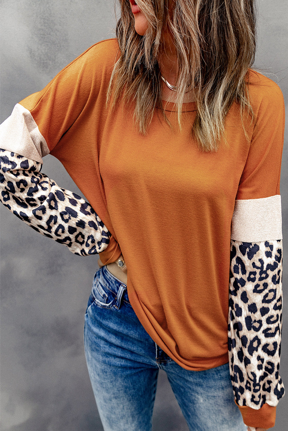 Brown Leopard Sequin Patchwork Long Sleeve Top-yoyobikini