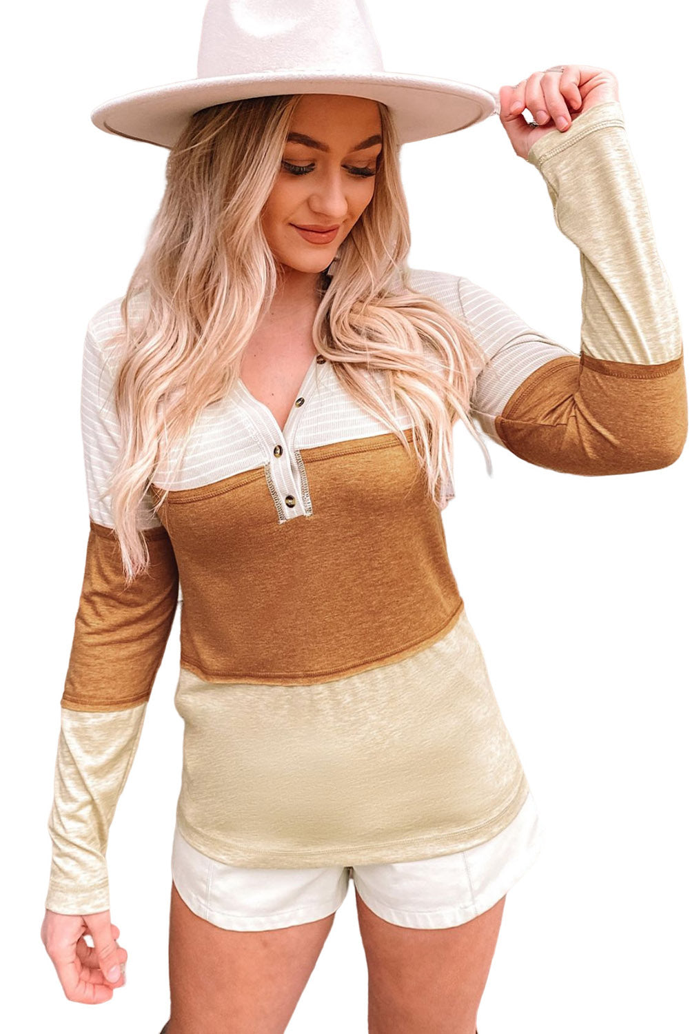 Orange Striped Color Block Henley Top-yoyobikini
