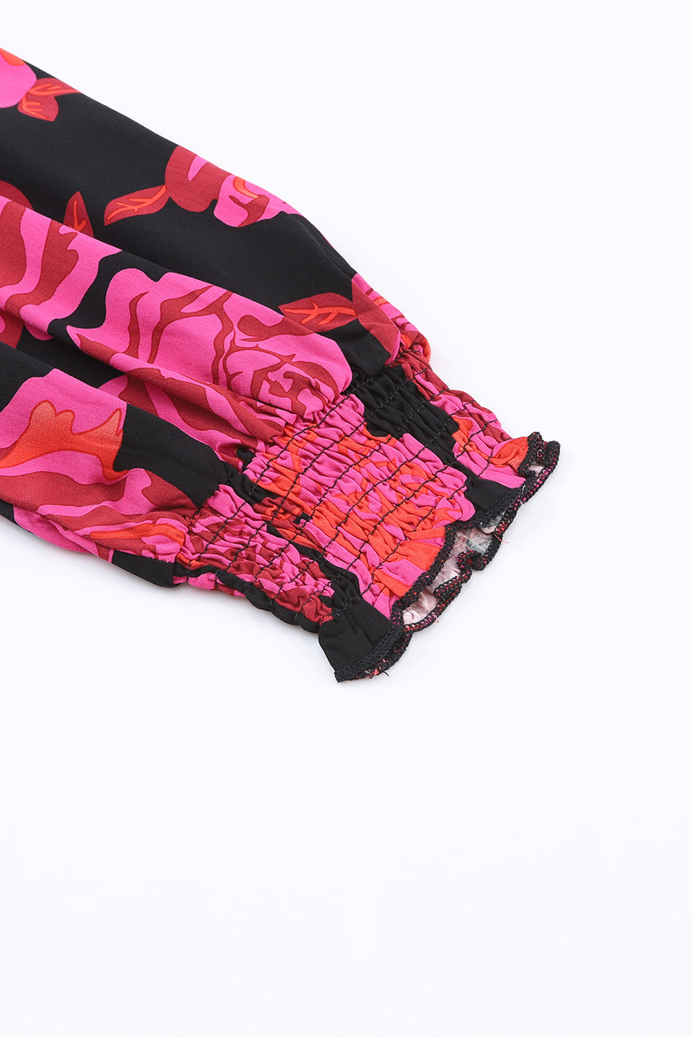 Rose Floral Shirred Cuffs Long Sleeve Shirt-yoyobikini