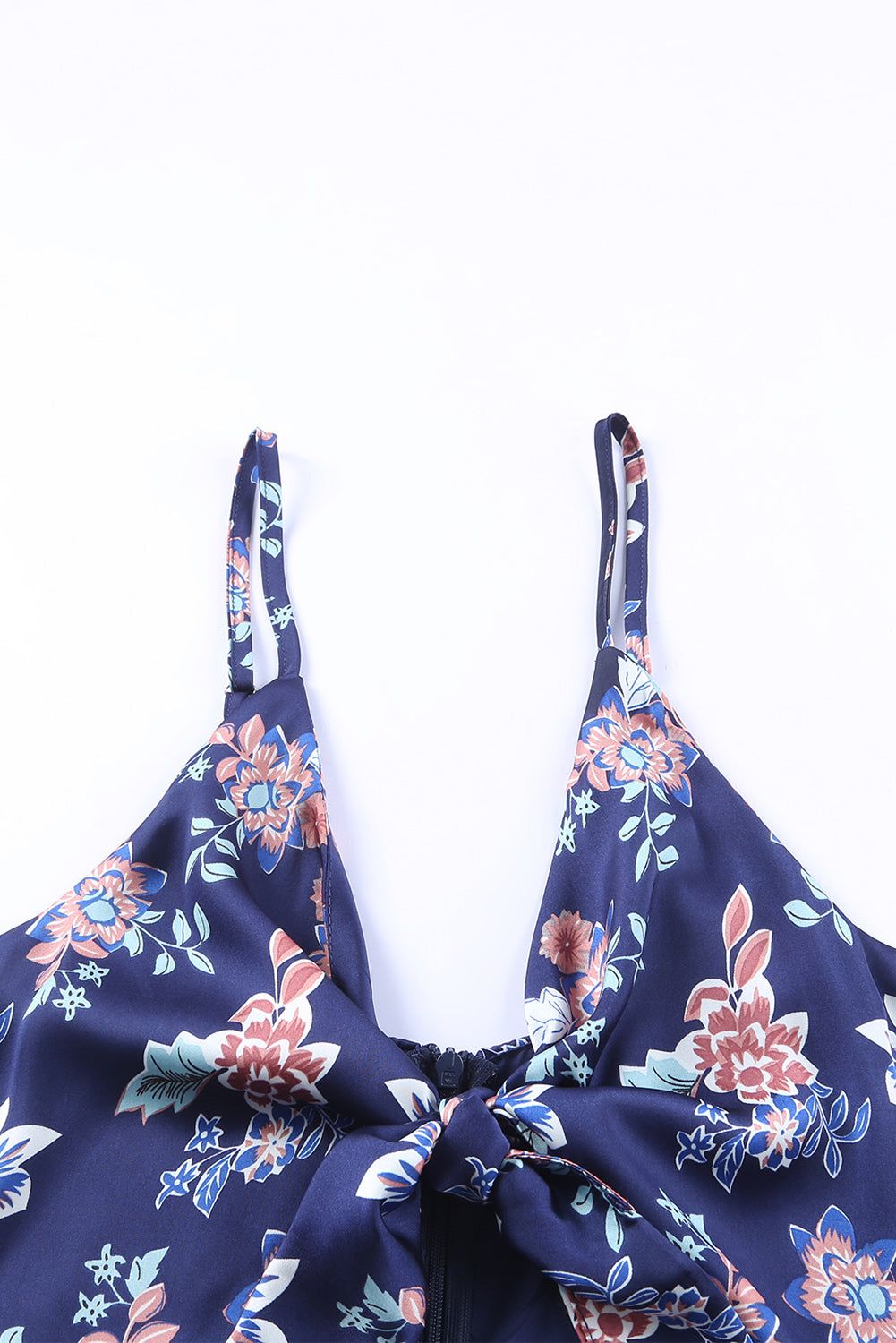 Blue Floral Print Bust Knot Long Dress with Slit-yoyobikini