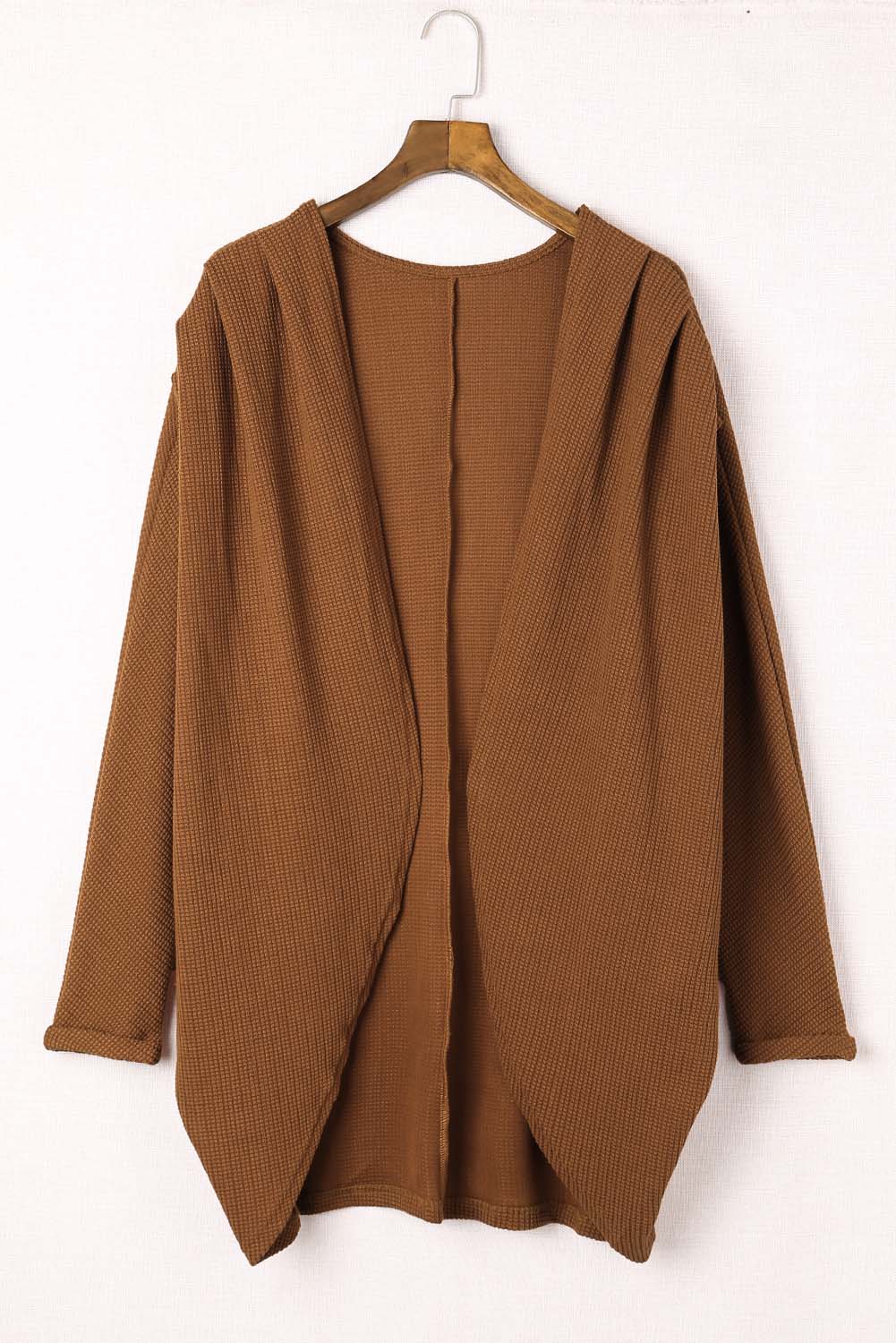 Brown Waffle Knit Open Front Rounded Hem Cardigan-yoyobikini