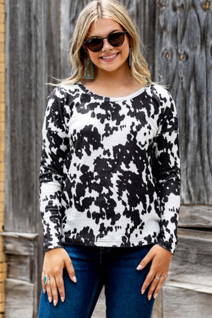 Cow Print U Neck Long Sleeve Top-yoyobikini