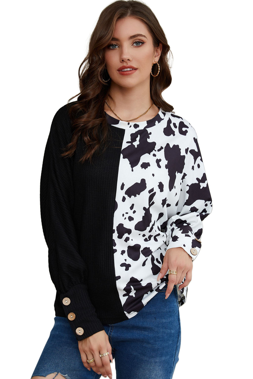Black Cow Patchwork Waffle Knit Long Sleeve Top-yoyobikini