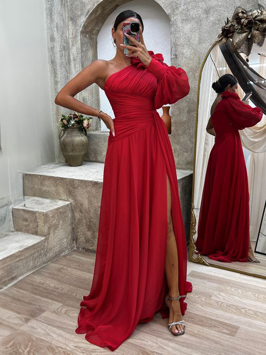 Party Dresses One-Shoulder High-Slit Pleated Cocktail Dress In Solid Color