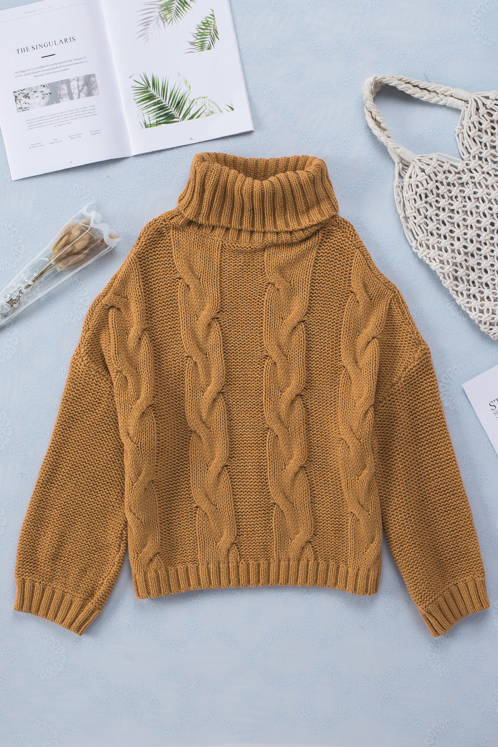 Cuddle Weather Cable Knit Handmade Turtleneck Sweater-yoyobikini