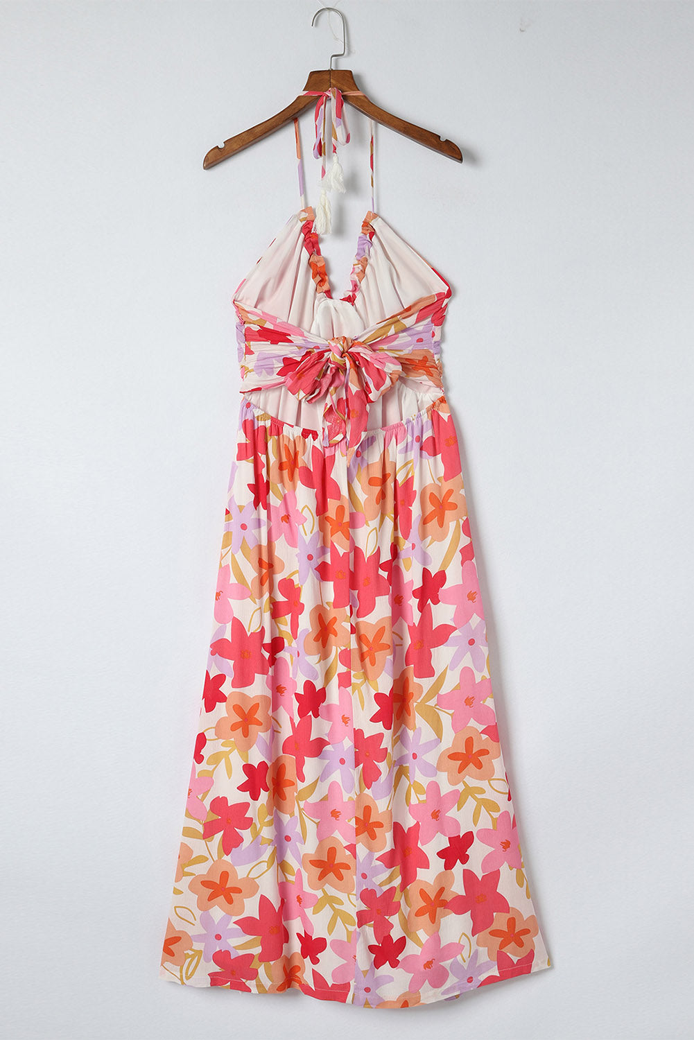 Red Halter Neck Backless Floral Print Maxi Dress with Ties-yoyobikini