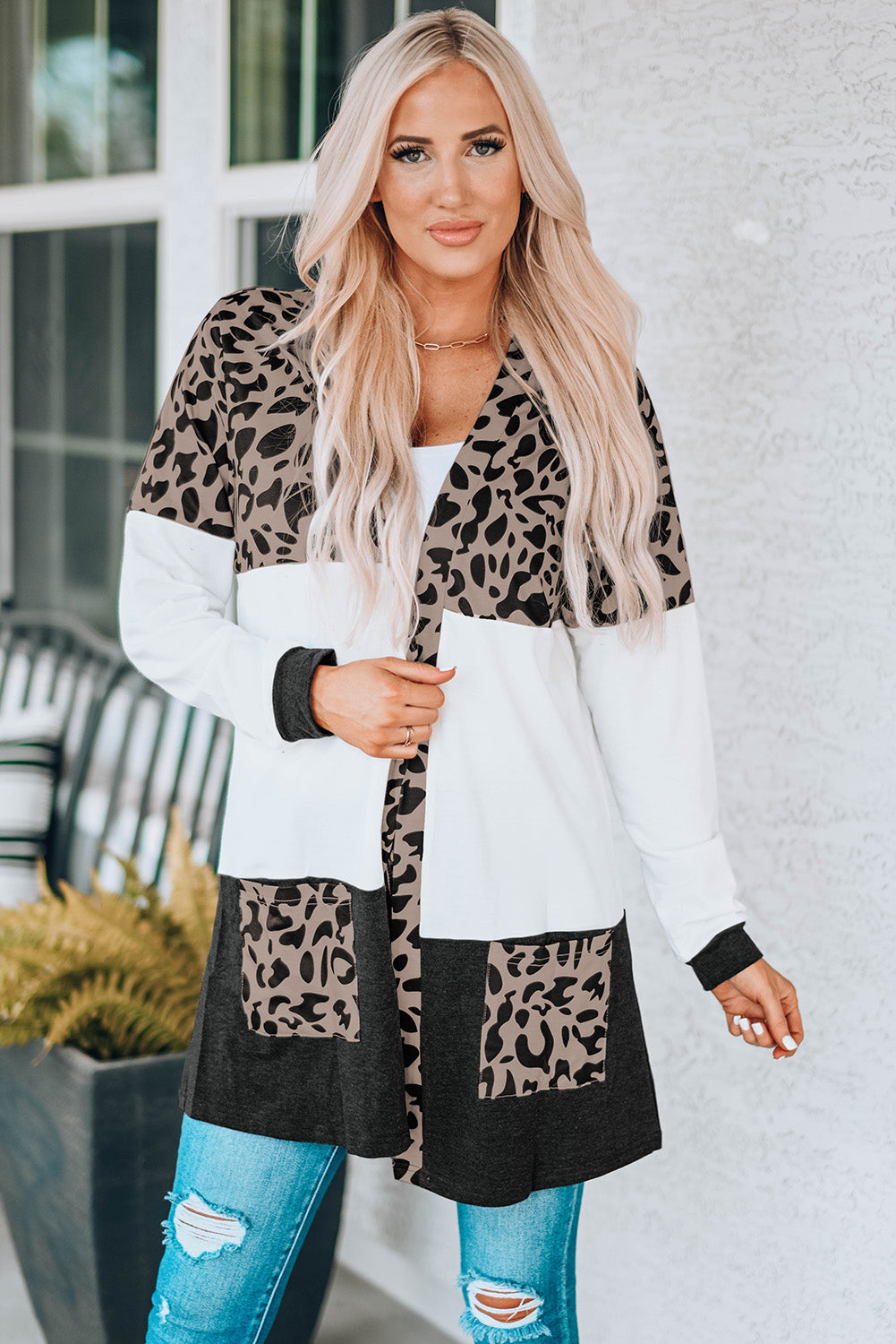 Leopard Block Cardigan with Pockets-yoyobikini