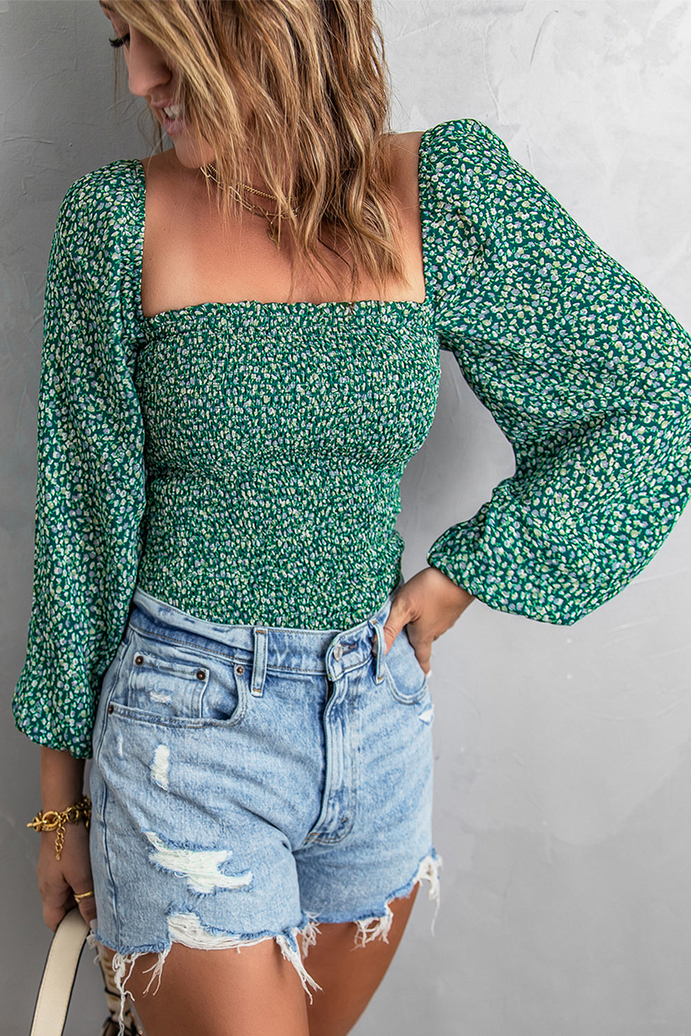 Green Square Neck Puff Sleeve Floral Smocked Top-yoyobikini