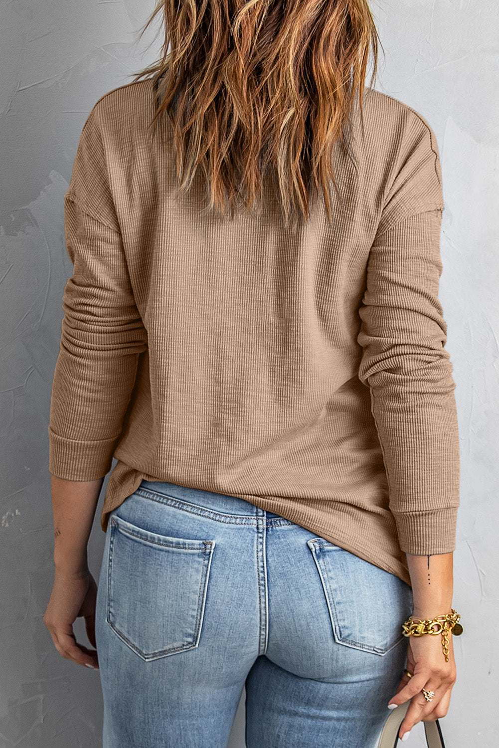 Khaki Button Front Turn-down Neck Knit Top-yoyobikini
