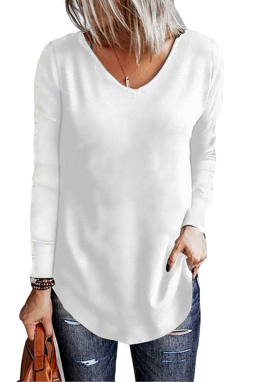 White Solid Color V Neck Long Sleeve Knit Top-yoyobikini