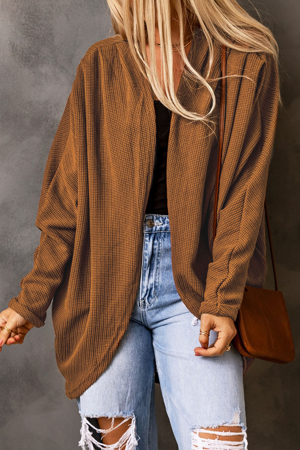 Brown Waffle Knit Open Front Rounded Hem Cardigan-yoyobikini