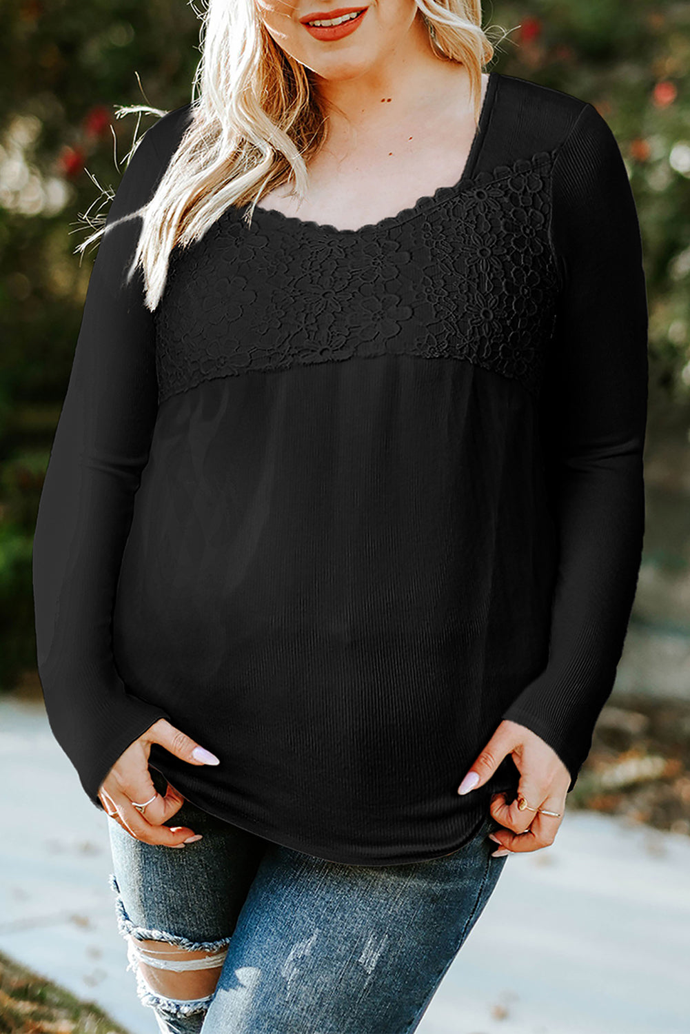 Black Lace Crochet V Neck Long Sleeve Top-yoyobikini