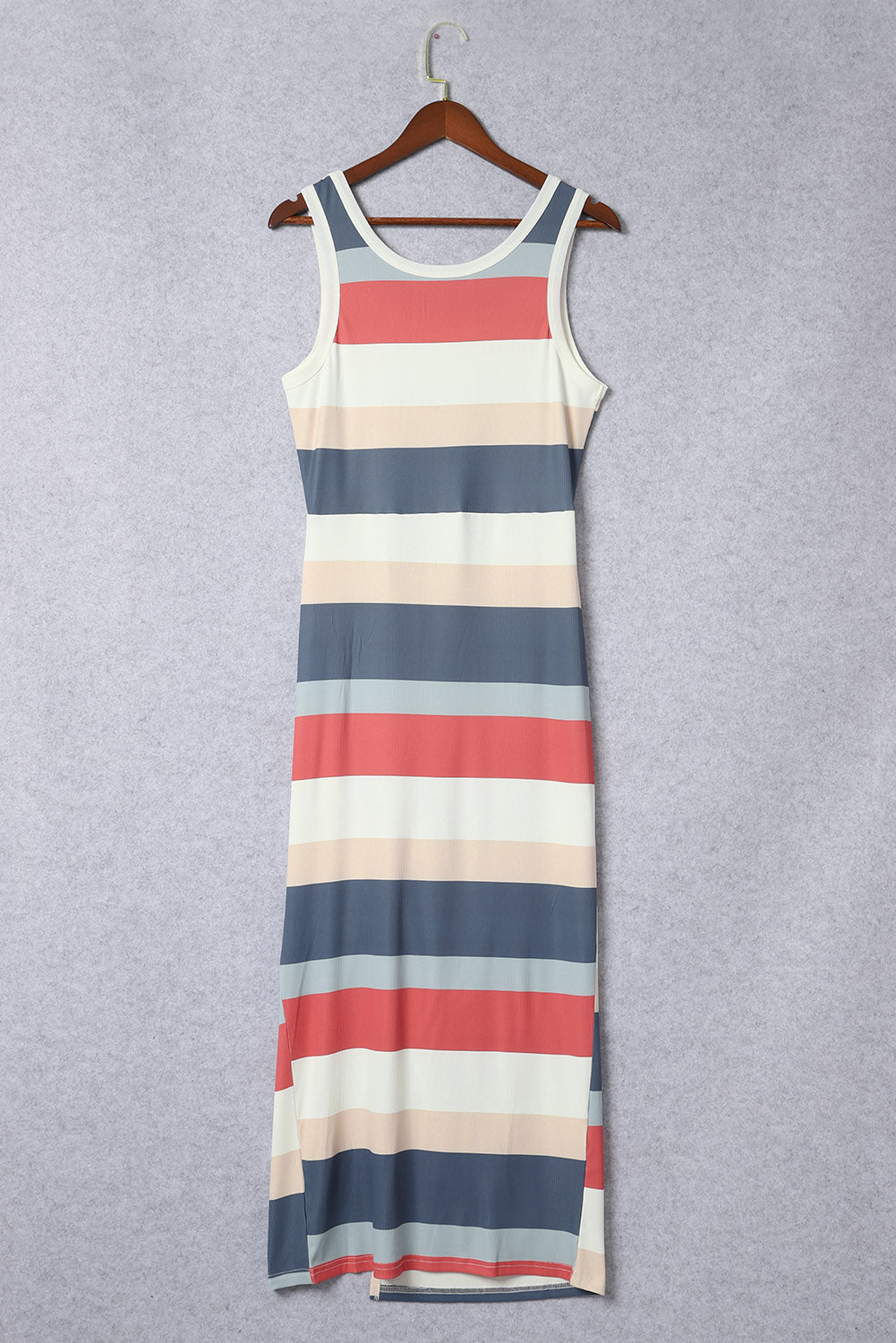 Multicolor Striped Color Block Ribbed Knit Lace-up Slit Tank Dress-yoyobikini