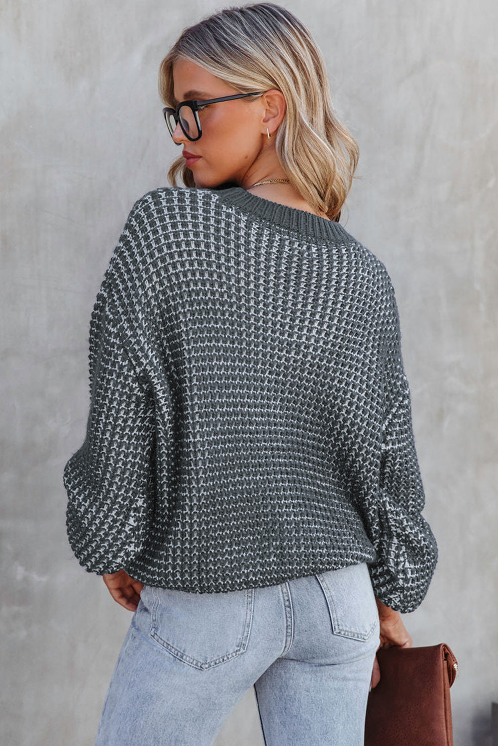 Gray Heathered Knit Drop Shoulder Puff Sleeve Sweater-yoyobikini