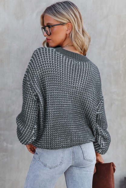 Gray Heathered Knit Drop Shoulder Puff Sleeve Sweater-yoyobikini