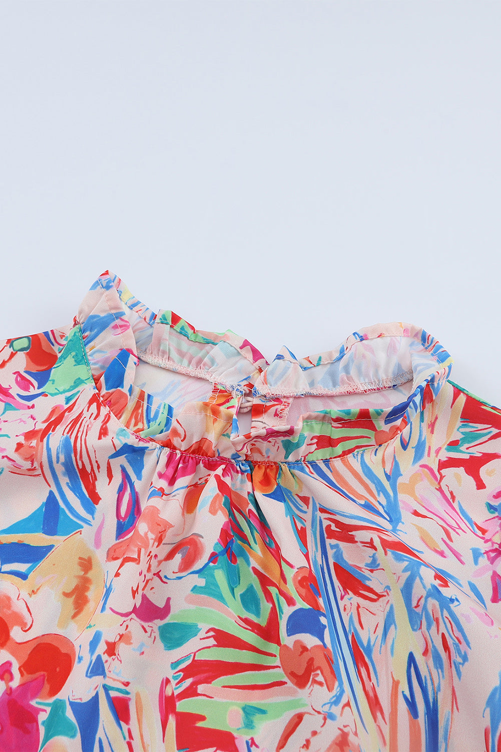 Multicolor Abstract Striped Patchwork Ruffled Short Sleeve Blouse-yoyobikini