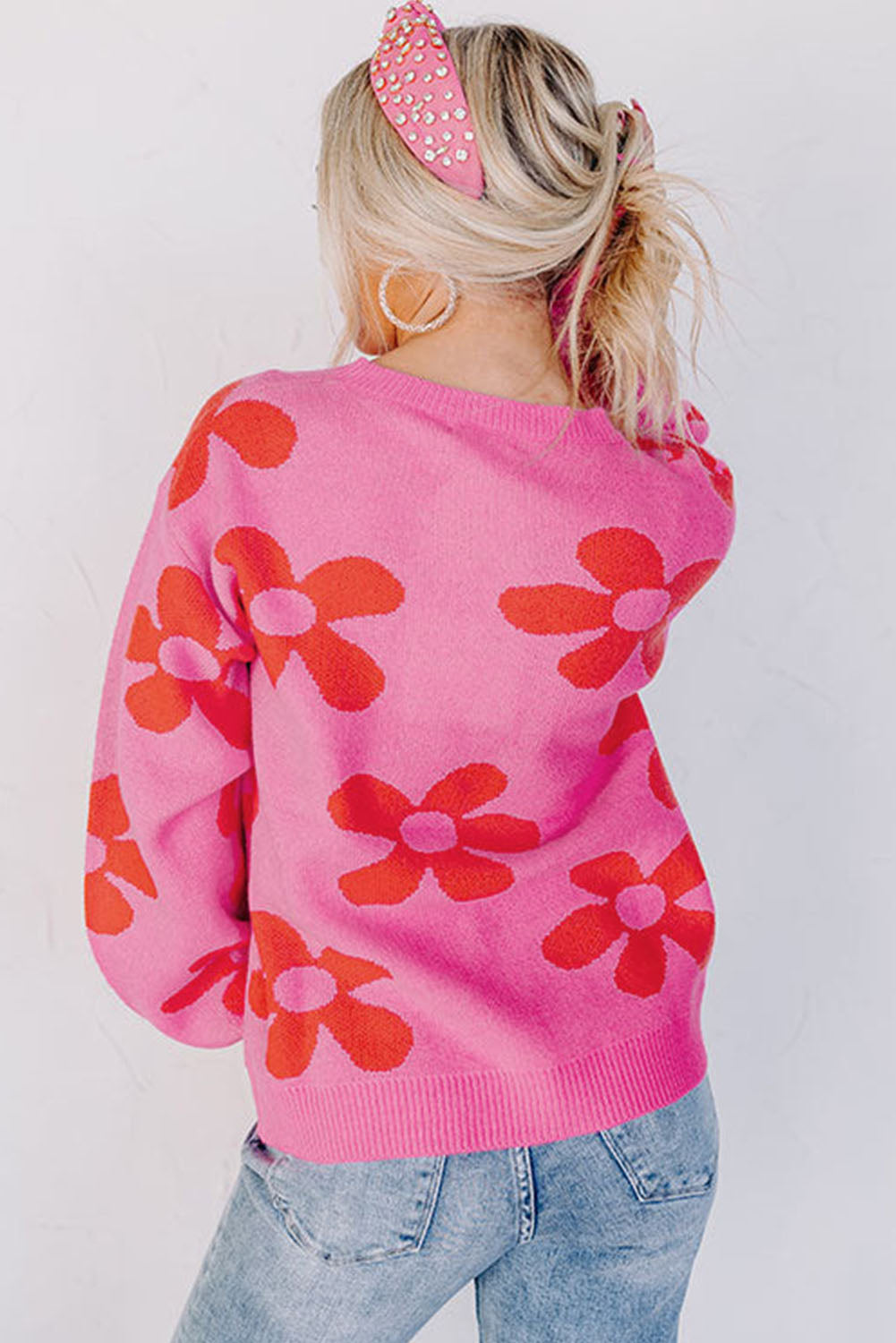 Rose Big Flower Knit Ribbed Trim Sweater-yoyobikini