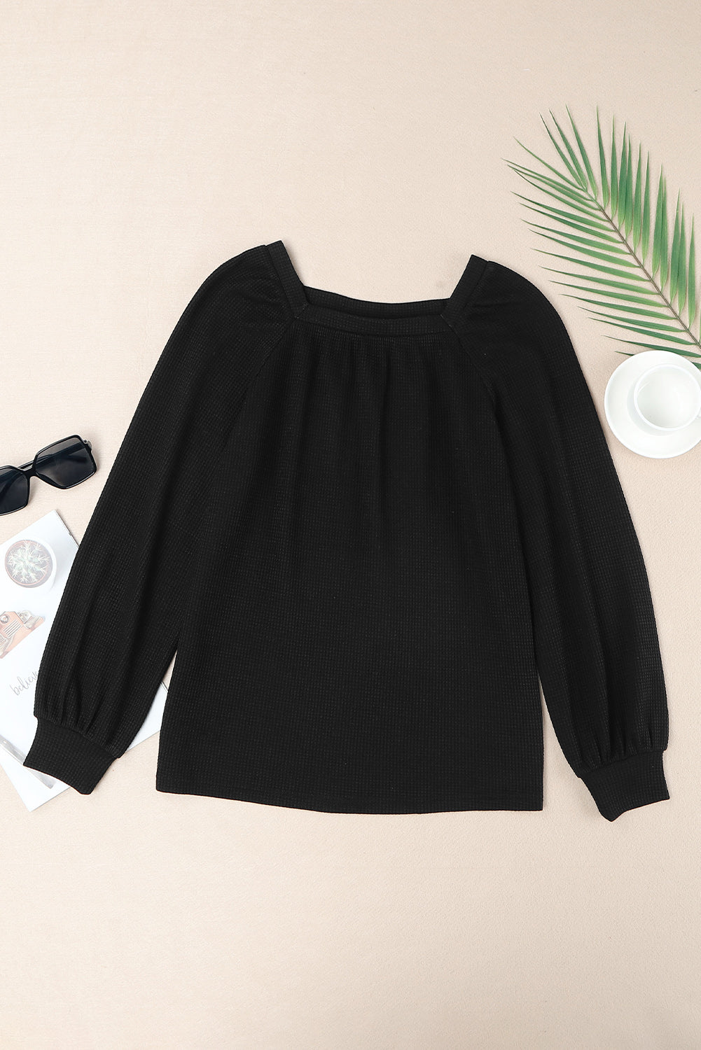 Black Scoop Neck Puff Sleeve Waffle Knit Top-yoyobikini