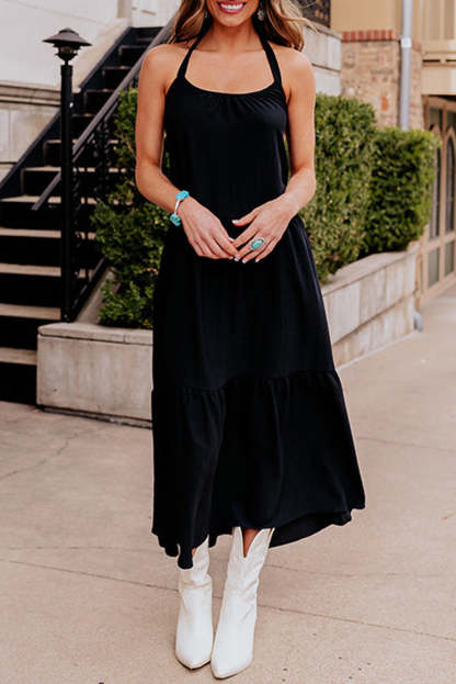 Black Halter Neck Backless Midi Dress-yoyobikini