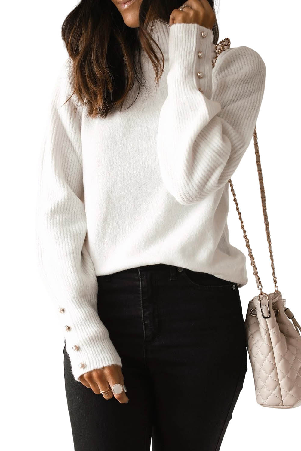 White Button Ribbed Puff Sleeve High Neck Sweater-yoyobikini