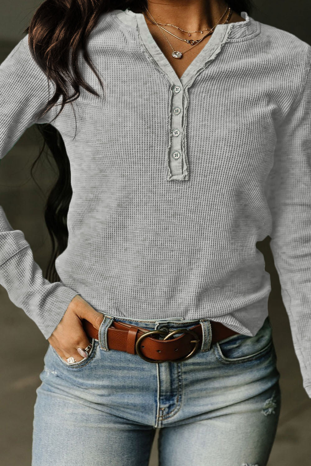 Gray Trimmed Neckline Waffle Knit Henley Top-yoyobikini