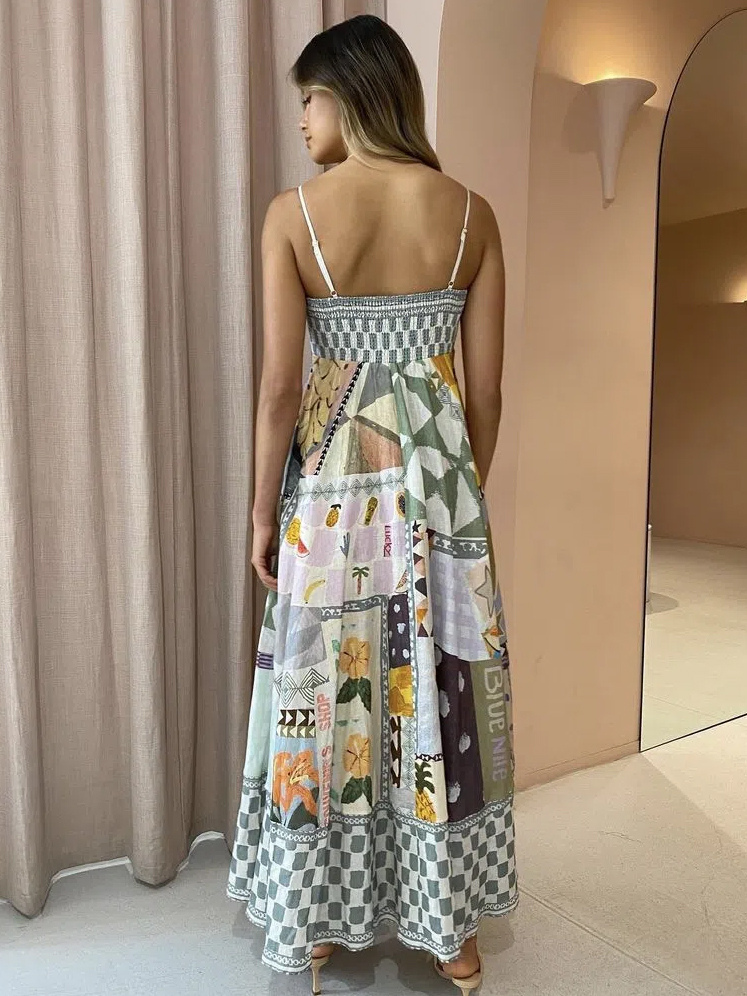 Summer Dress Straps Neck Printed Pleated Backless Gray Long Beach Dress