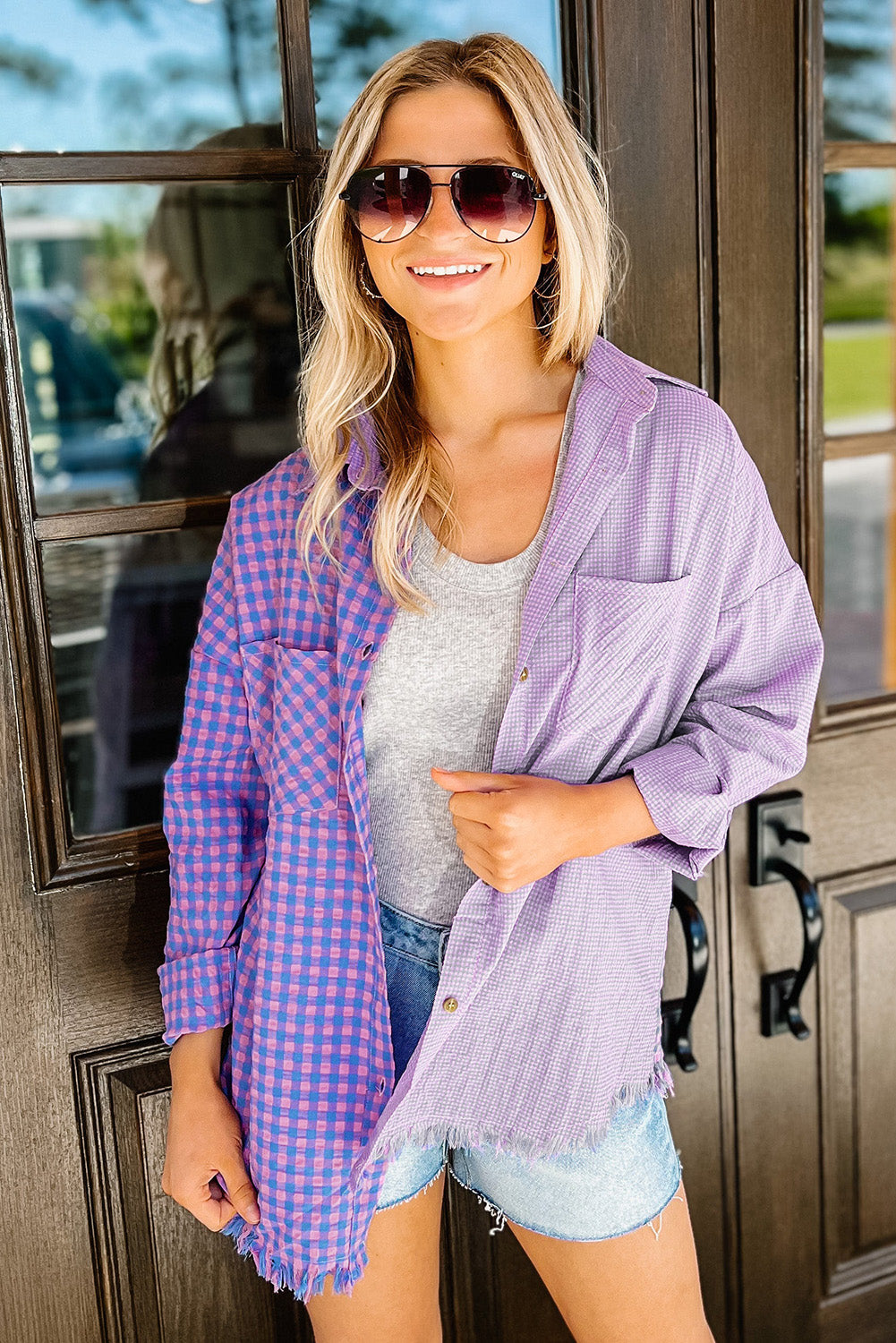 Purple Mixed Plaid Button Down Long Sleeve Chest Pocket Shirt-yoyobikini