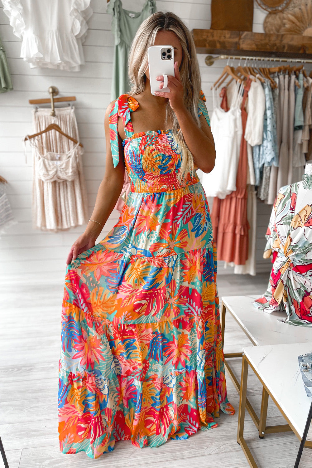 Multicolor Vibrant Tropical Print Smocked Ruffle Tiered Maxi Dress-yoyobikini