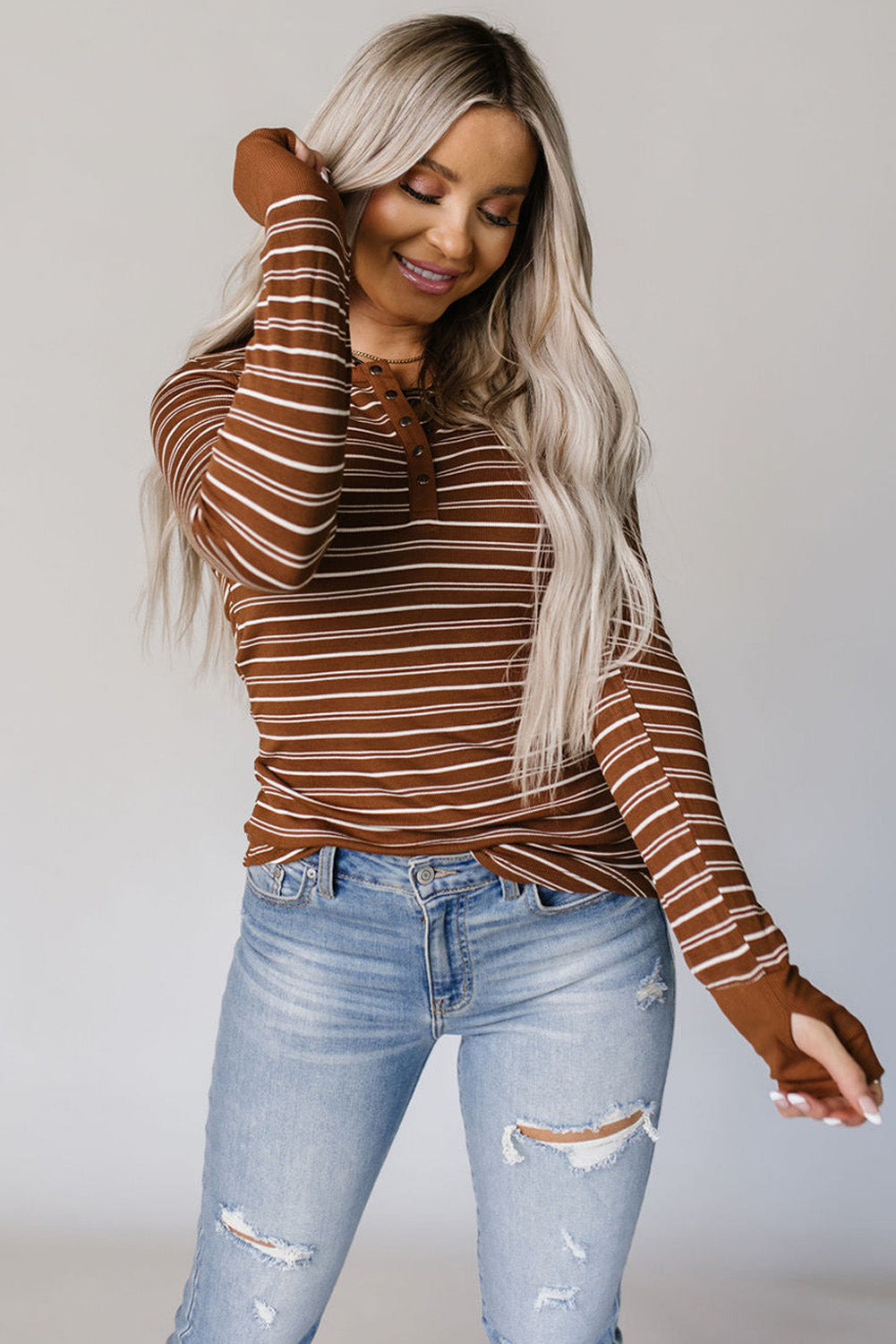 Brown Thumbhole Sleeve Striped Henley Top-yoyobikini