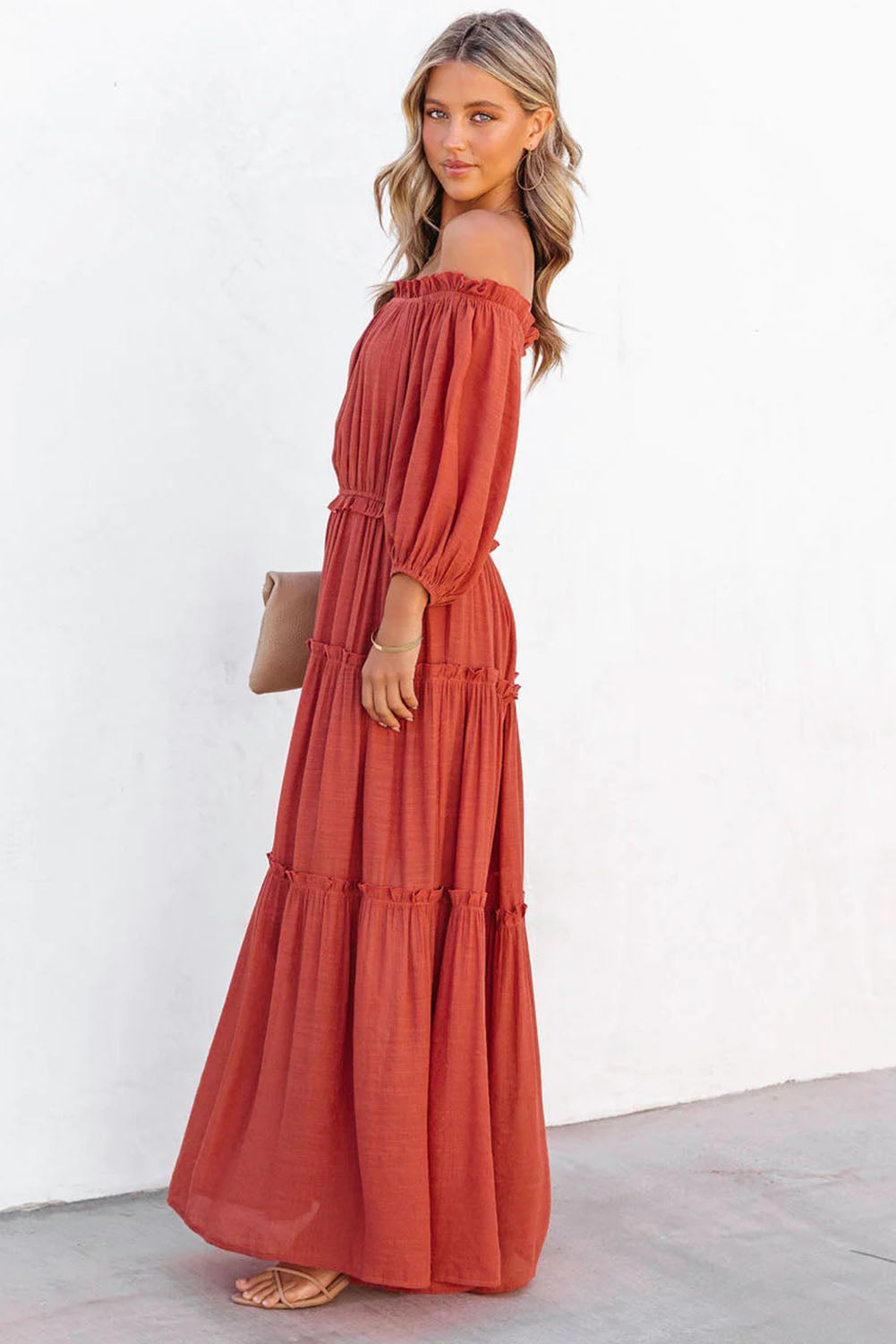 Orange Off Shoulder Balloon Sleeve Cutout Ruffled Maxi Dress-yoyobikini