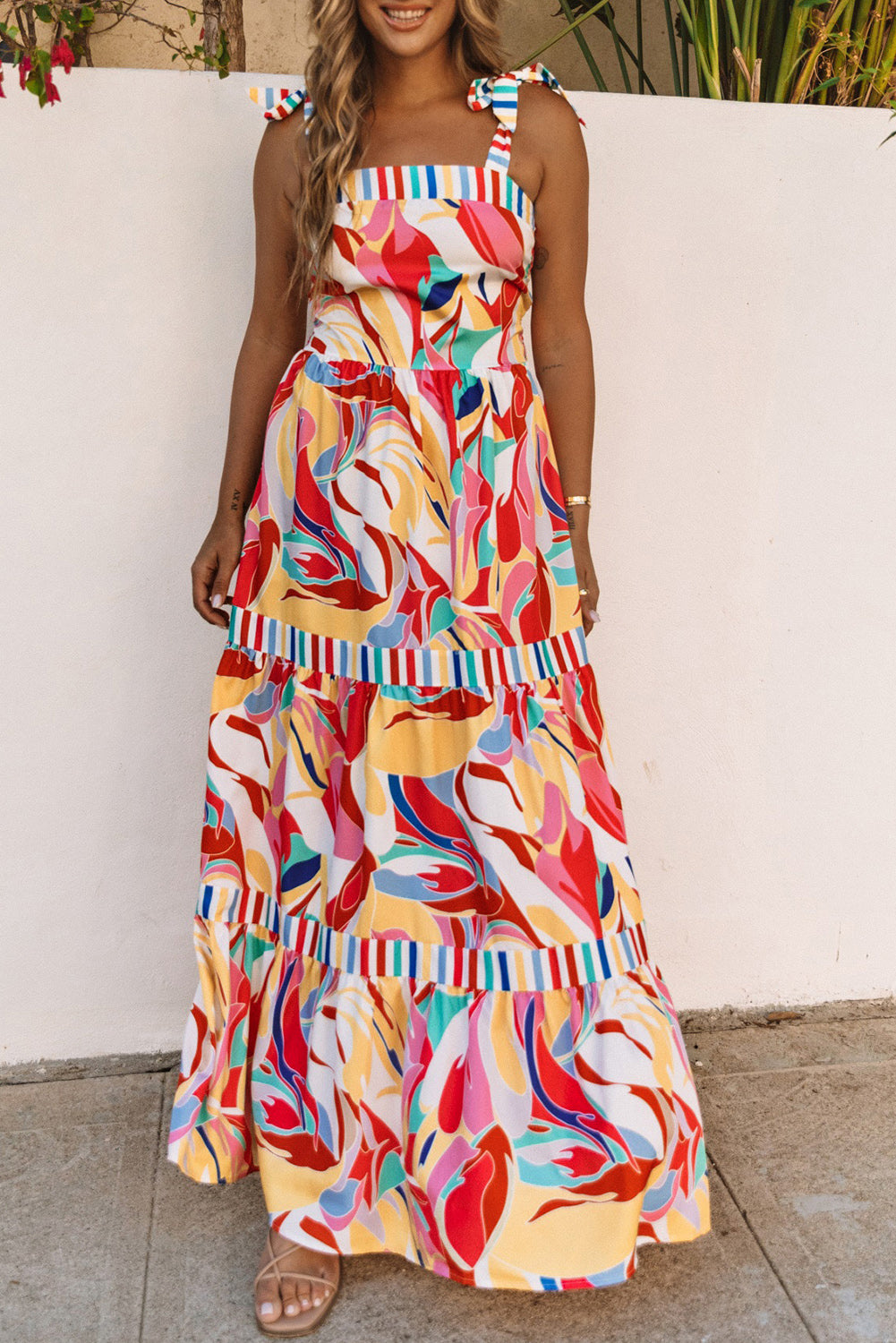 Multicolor Abstract Print Striped Trim Maxi Sundress-yoyobikini