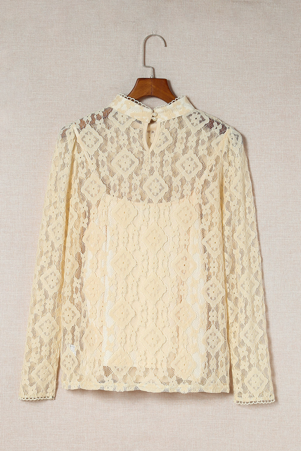 Beige Mock Neck Lace Blouse-yoyobikini