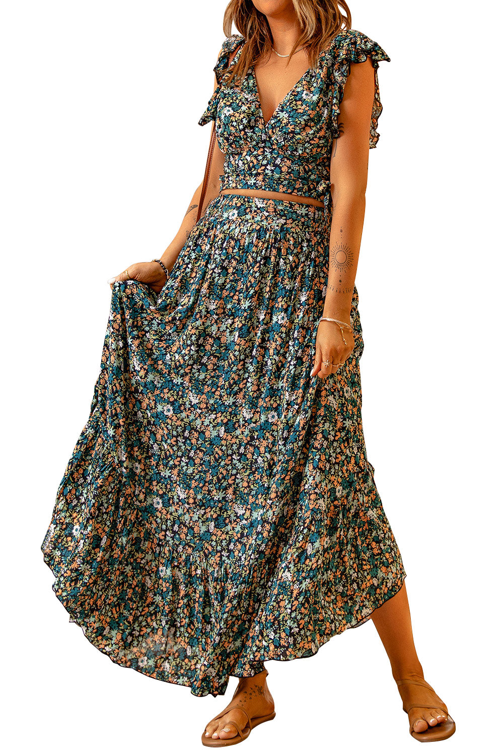 Multicolor Floral Ruffled Crop Top and Maxi Skirt Set-yoyobikini