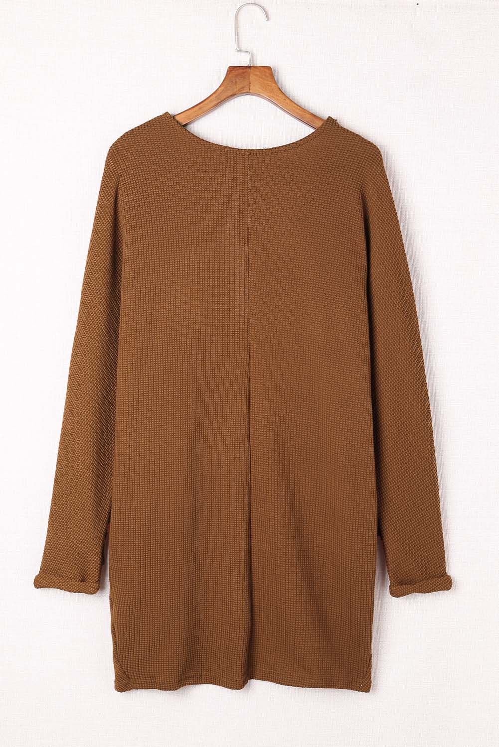 Brown Waffle Knit Open Front Rounded Hem Cardigan-yoyobikini