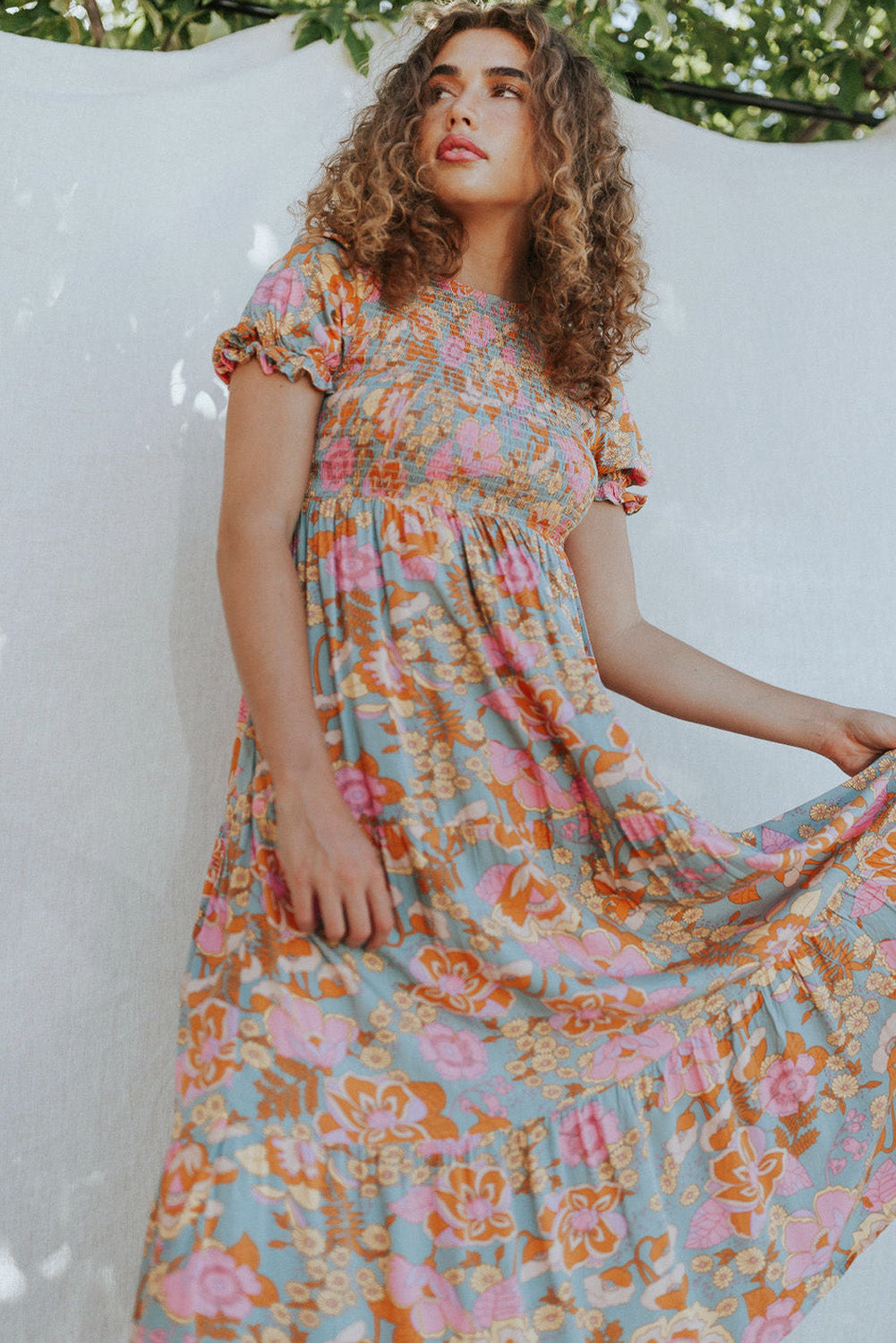 Sky Blue Floral Bubble Sleeve Smocked Flowy Ruffle Dress-yoyobikini
