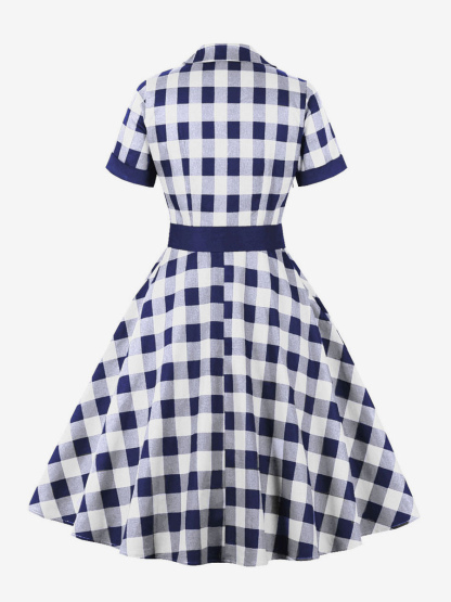 Retro Dress 1950s Audrey Hepburn Style Blue Gray Women Short Sleeves Rockabilly Dress