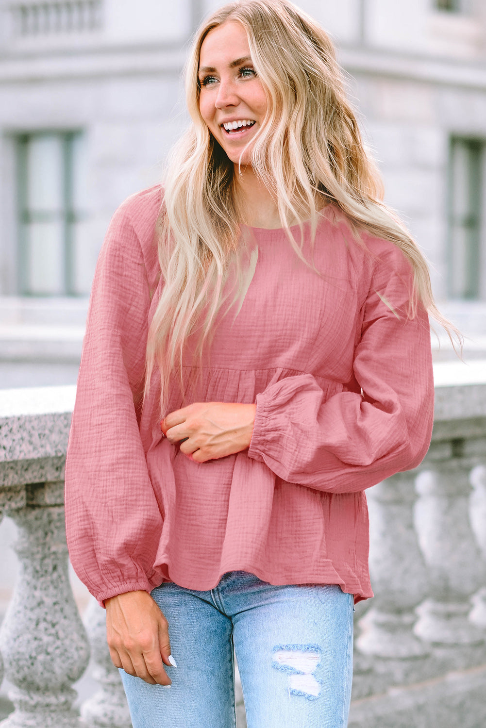 Pink Bubble Sleeve Textured Flowy Blouse-yoyobikini