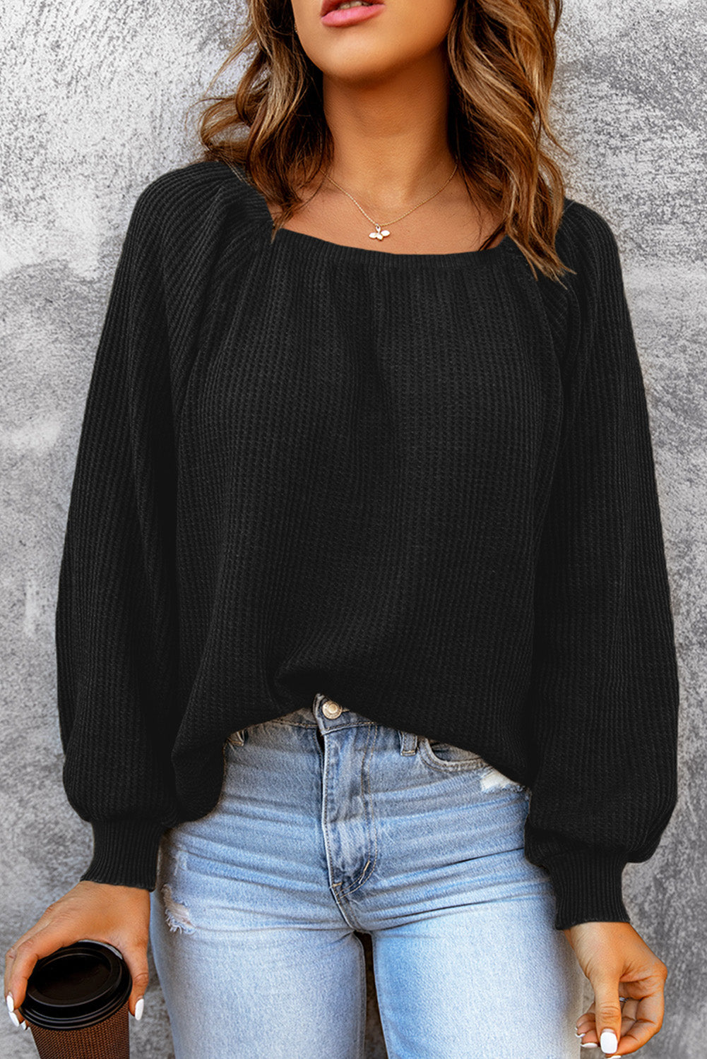 Black Scoop Neck Puff Sleeve Waffle Knit Top-yoyobikini