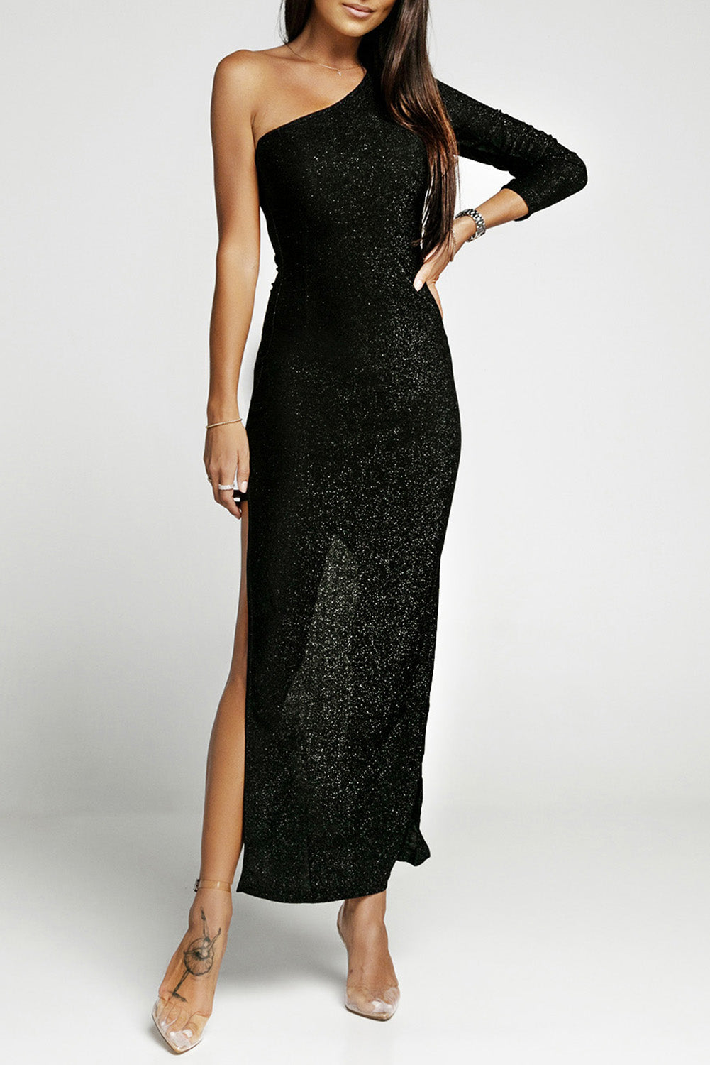 Black One-shoulder Glitter Metallic Asymmetric Long Dress-yoyobikini