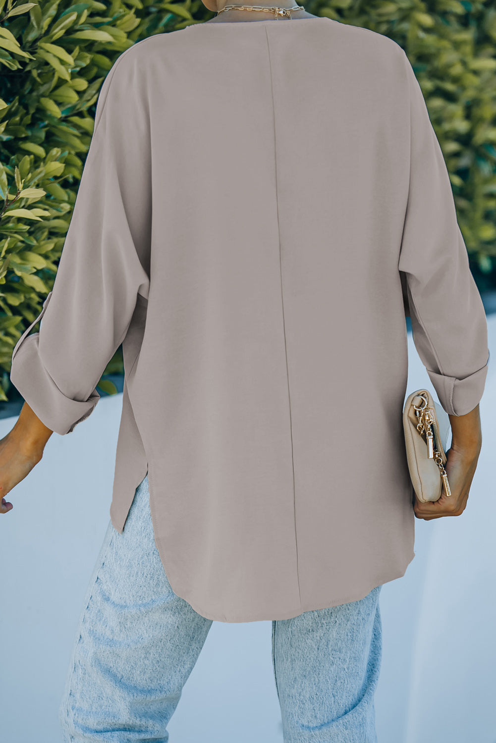 Apricot V Neck 3/4 Sleeve High Low Hem Shirt-yoyobikini