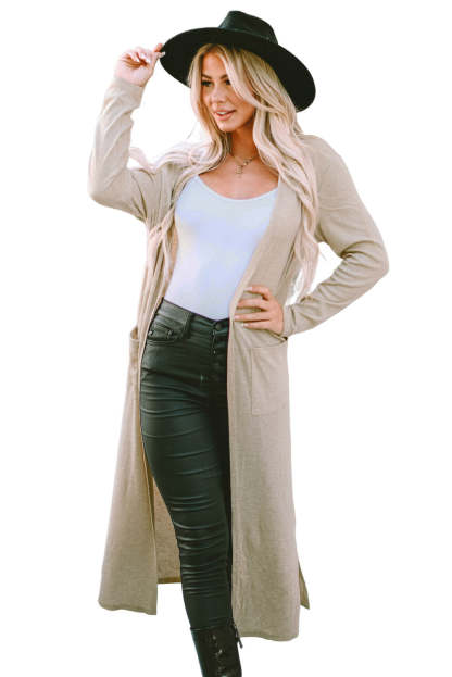 Apricot Open Front Pocketed Duster Cardigan with Slits-yoyobikini