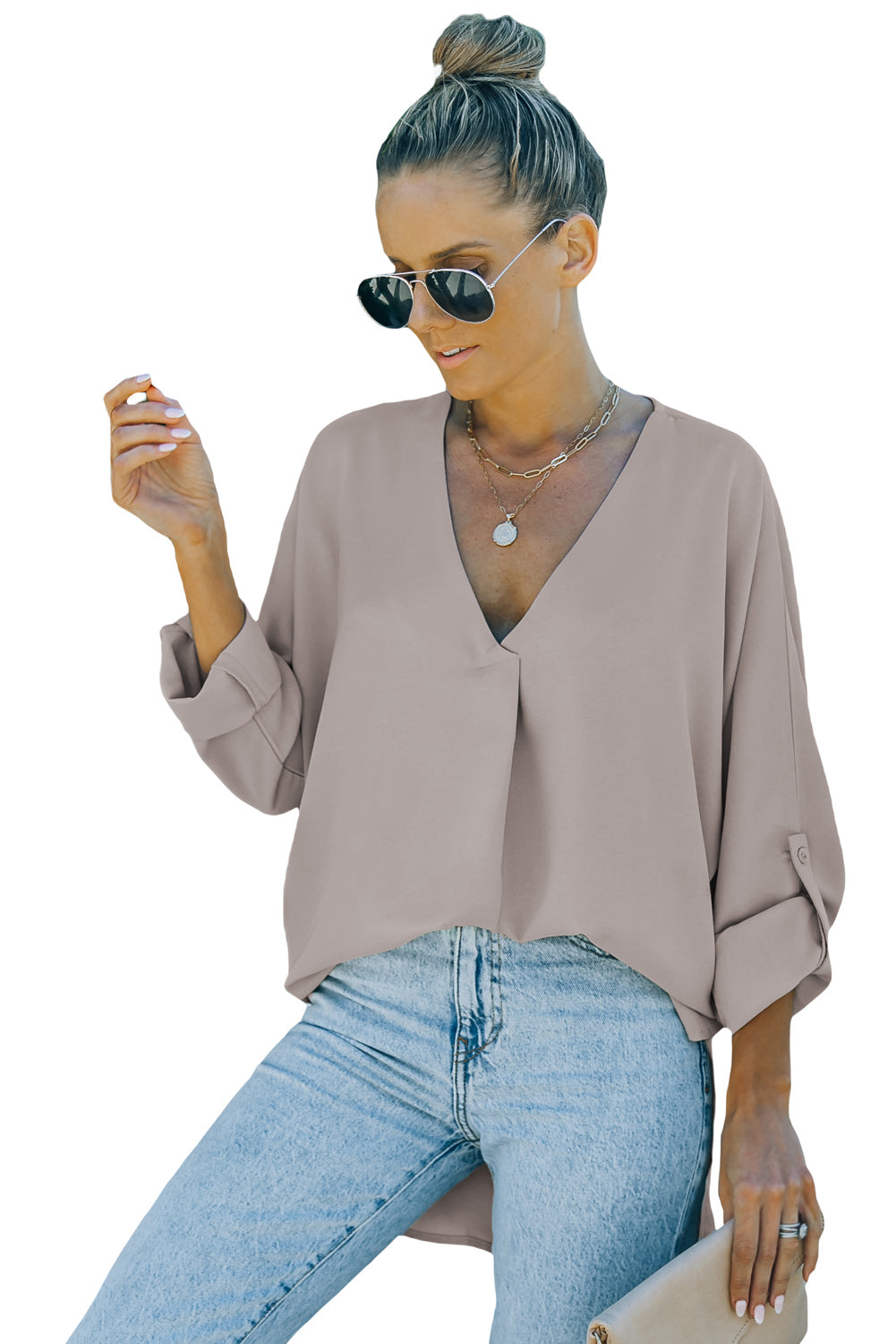 Apricot V Neck 3/4 Sleeve High Low Hem Shirt-yoyobikini