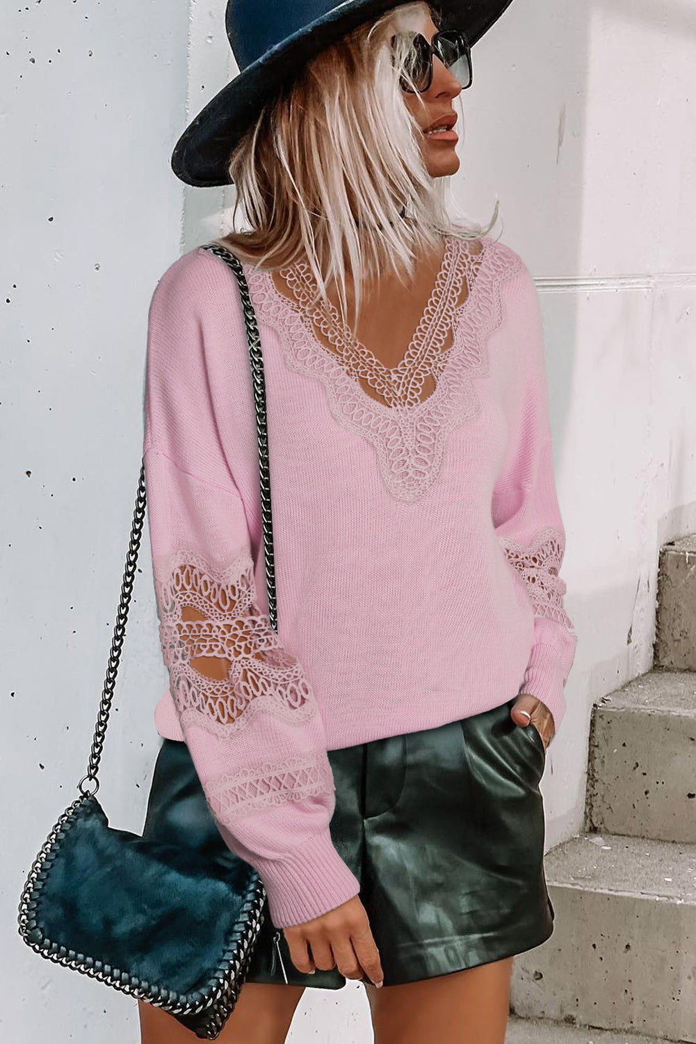 Pink Hollowed Lace Splicing V Neck Loose Sweater-yoyobikini