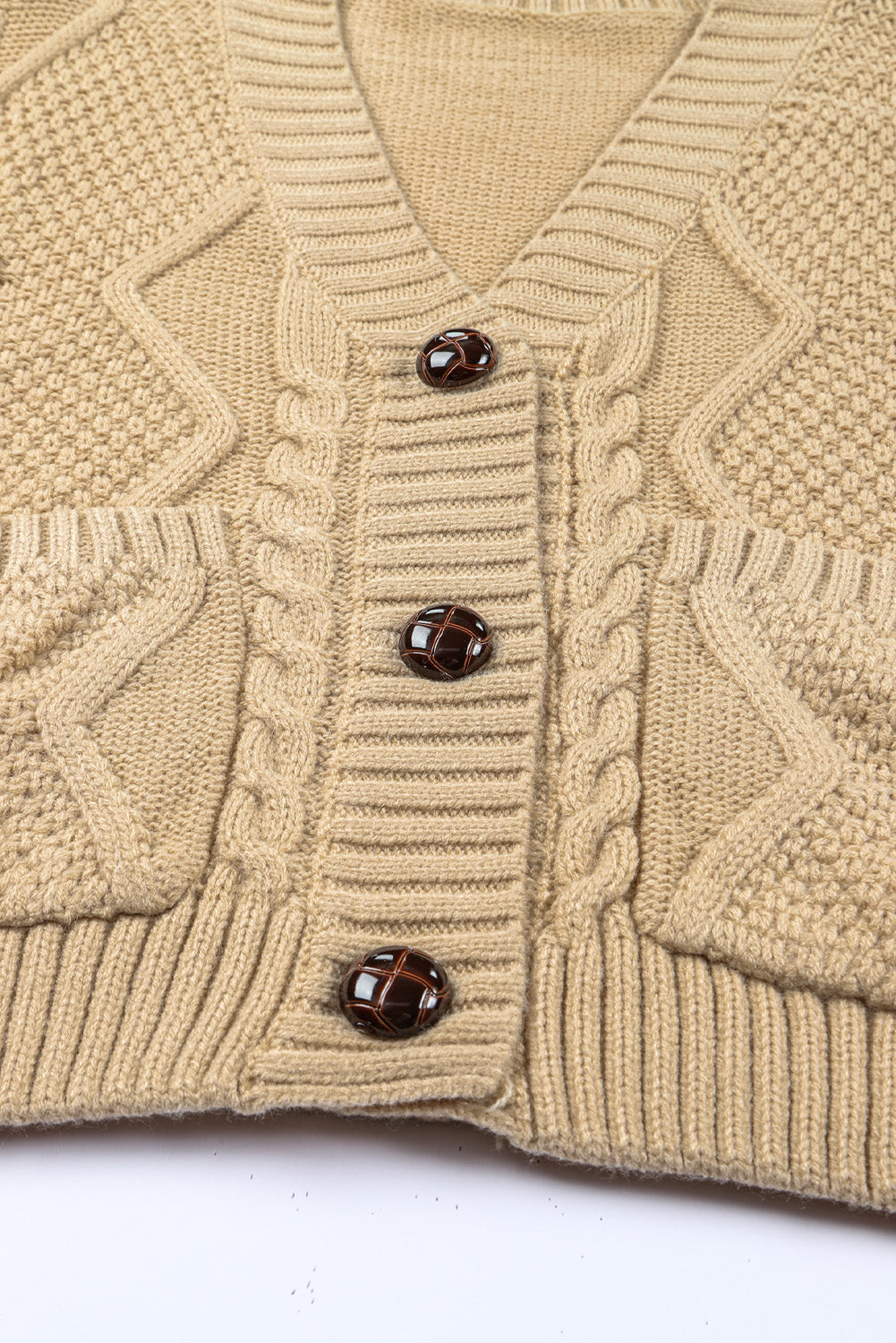 Beige Front Pockets Buttons Textured Cardigan-yoyobikini