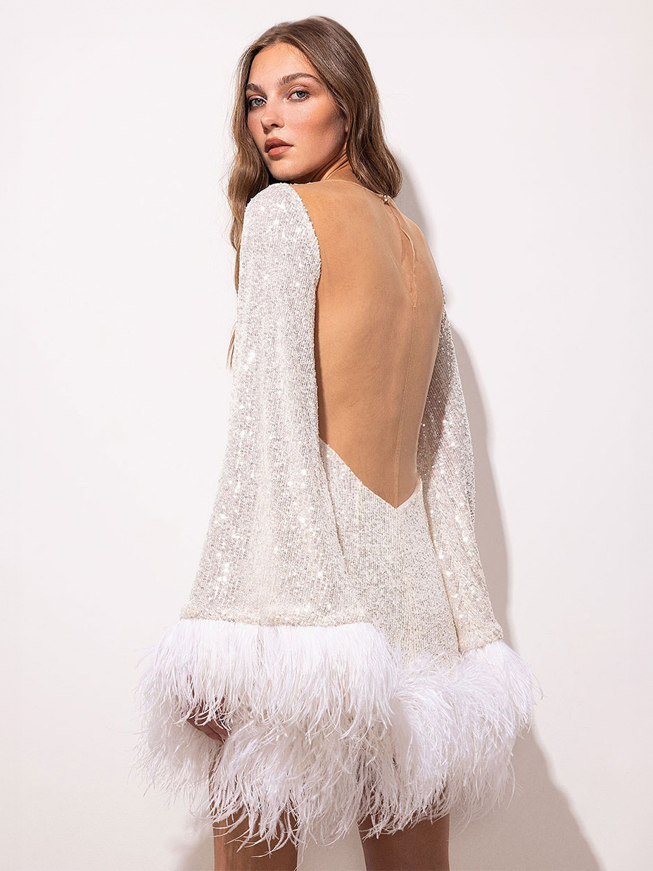 White Sequins Dress Flared Sleeves Feather Trim Backless Sexy Mini Dresses