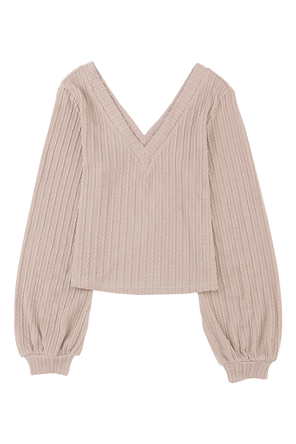Khaki Knitted Jacquard V Neck Lantern Sleeve Top-yoyobikini