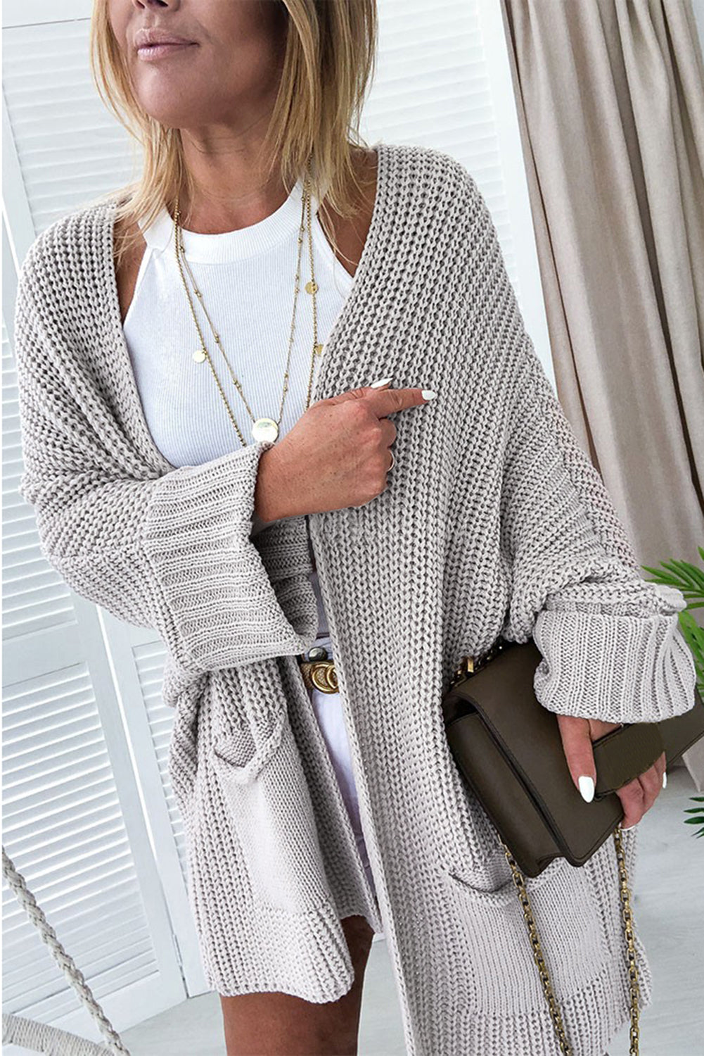 Gray Oversized Fold Over Sleeve Sweater Cardigan-yoyobikini